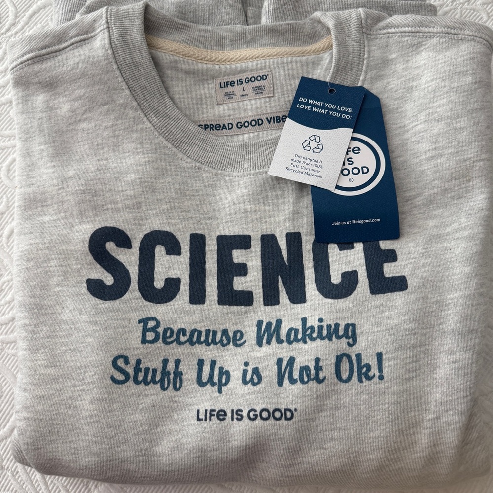 New w/tags Life Is Good Gray Blue Science Ling sleeve Sweatshirt L Men